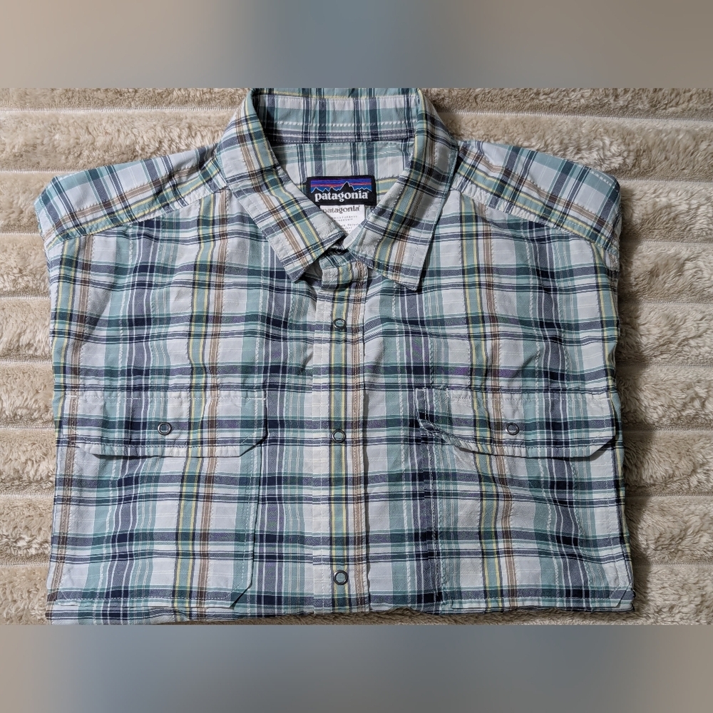 Patagonia Men's Plaid Casual Button Down Shirt - Blue, Green, White